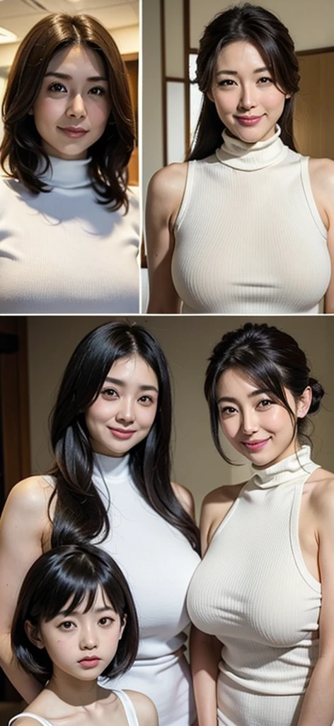 (((A group photo of the top 3 beautiful Japanese moms)))、Everyone has different types and hairstyles, but they are beautiful.、((All of them are obscene and have long breasts that are too big.))、different sexual poses、All wearing white turtleneck sleeveless knit sweaters、Full of big breasts、A room filled with the smell of meth、((Everyone emphasizes their big breasts))、living room、A group photo taken side by side so that the whole body can be seen