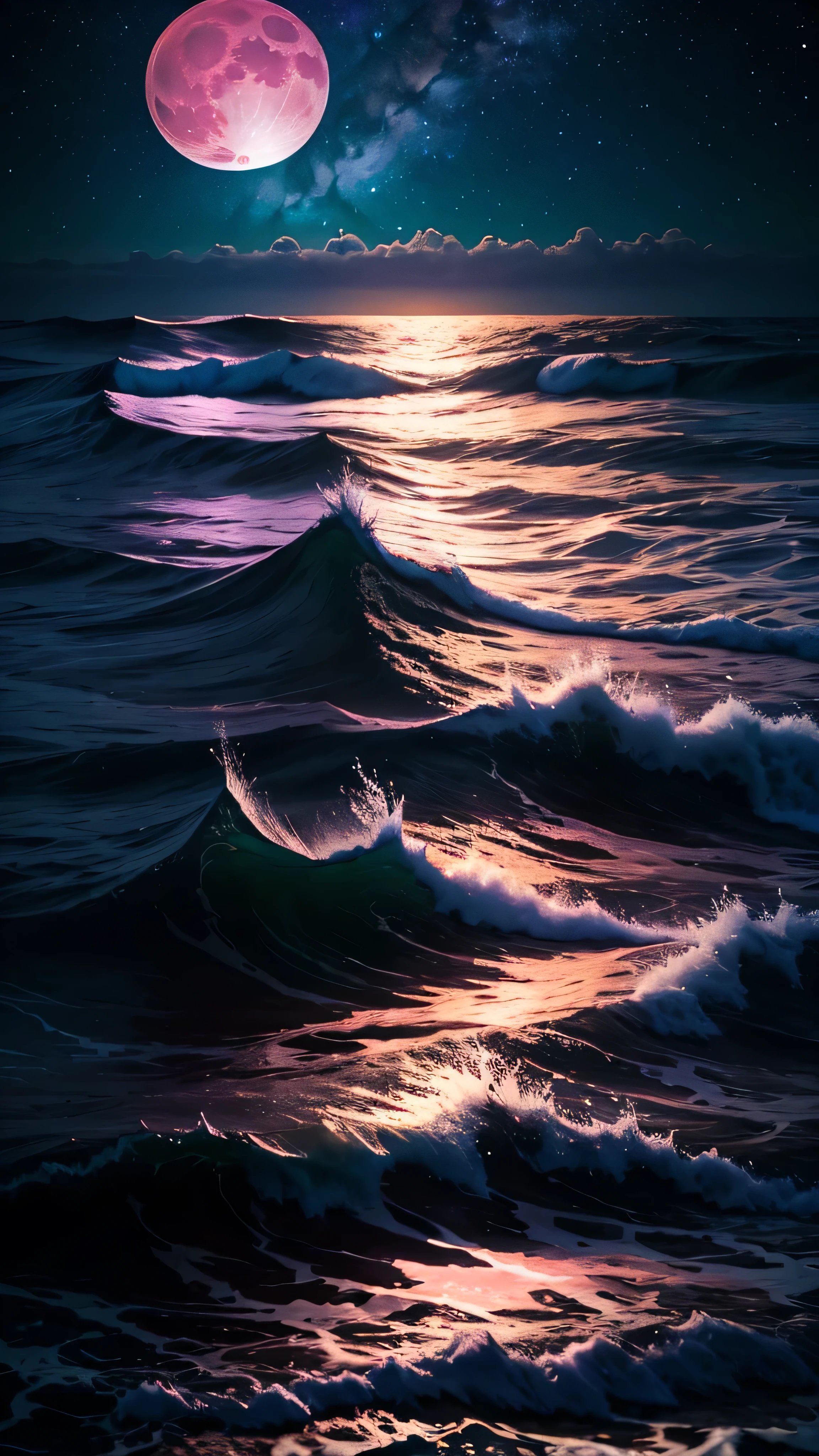 Bioluminescent stars shining in the sky, Pink Moon, Tukoi Sky, Turkish ocean waves, Shiny, Purple Water, Milky Way, Complementary lighting,High waves,Glittering shells,mysterious,