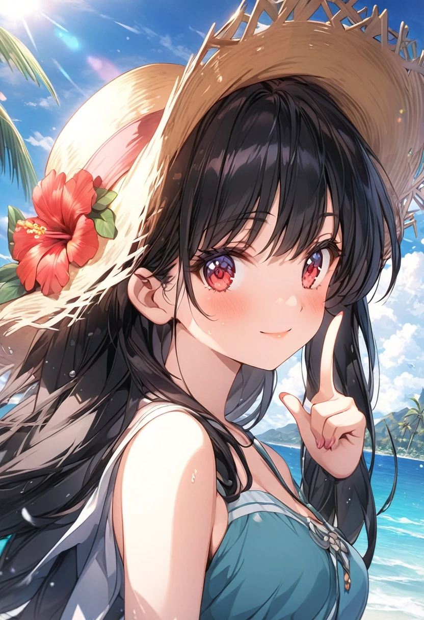 (masterpiece, best quality), very aesthetic, absurdres, extremely detailed CG unity 8k wallpaper, super fine illustration, (detailed_face:1.2), BREAK 1girl, long black hair wearing a straw hat, small breasts, (glamorous expression), red eyes, anime style 4k, beautiful anime portrait, anime moe art style, anime art wallpaper 4k, High quality anime art style, anime style portrait, be familiar with digital anime art, anime art wallpaper 8k, cute anime girl portrait, Hawaii background, blue sea, palm trees, sunlight, whole body, BREAK depth of field, perfect hands, nice fingers, 5_finger, 4_finger,1_thumb,
