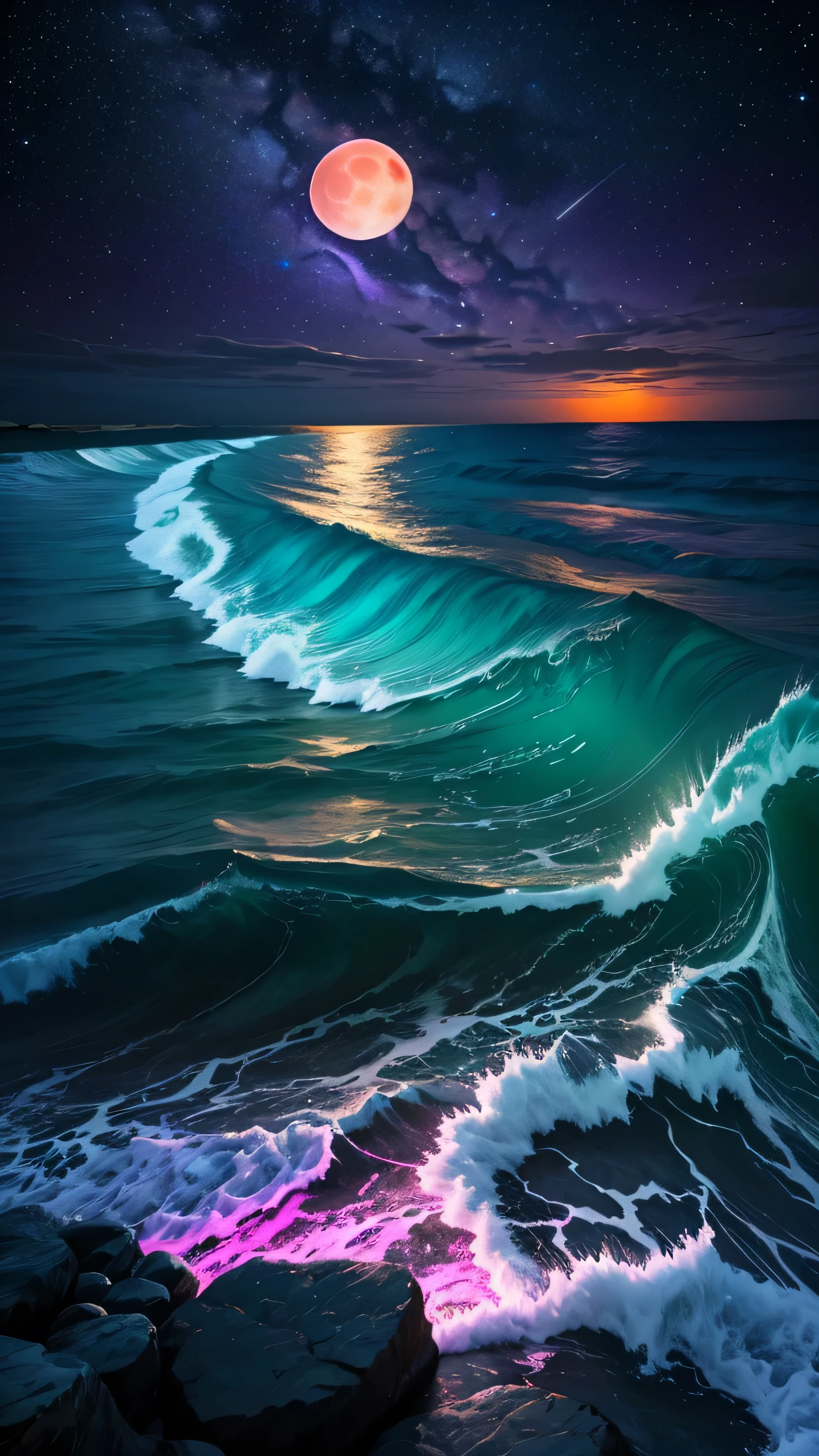 Bioluminescent stars shining in the sky, Pink Moon, Tukoi Sky, Turkish ocean waves, Shiny, Purple Water, Milky Way, Complementary lighting,High waves,Glittering shells,mysterious,