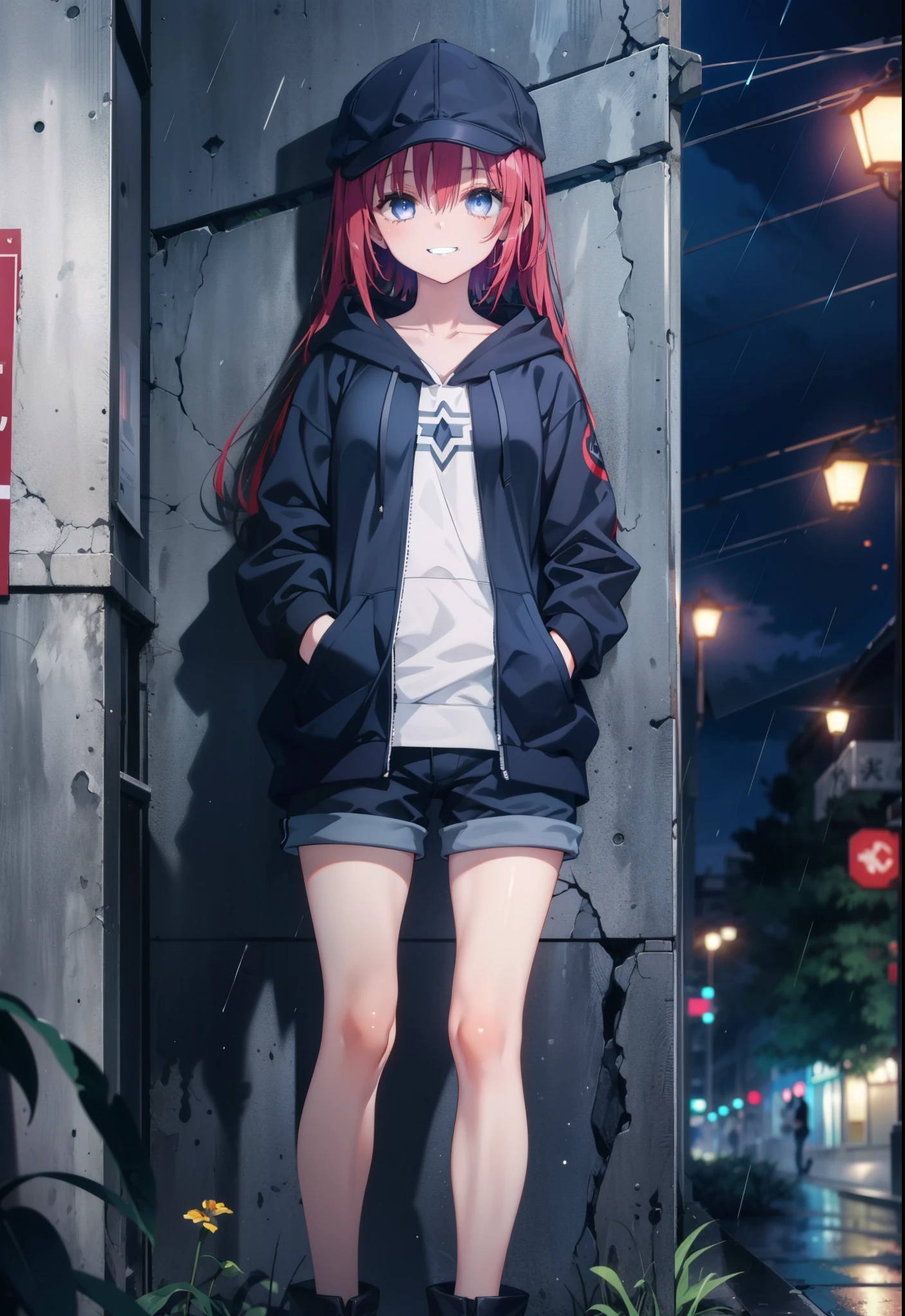 (masterpiece, Highest quality:1.2),shape,8K,High resolution,mea kurosaki,Mea Kurosaki,Redhead,Long Hair,Purple eyes,1 Girl,Baseball hats,Oversized black hoodie,Black shorts,short boots,Grin,smile,Both hands are in the pockets of the hoodie,Hiding in a roofed building,Standing leaning against a wall,rain,night,whole bodyがイラストに入るように,
break looking at viewer,whole body,
break indoors, Alley,
break (masterpiece:1.2), Highest quality, High resolution, ユニティ 8K 壁紙, (shape:0.8), (Beautiful and beautiful eyes:1.6), Highly detailed face, Perfect lighting, Highly detailed CG, (Perfect hands, Perfect Anatomy),