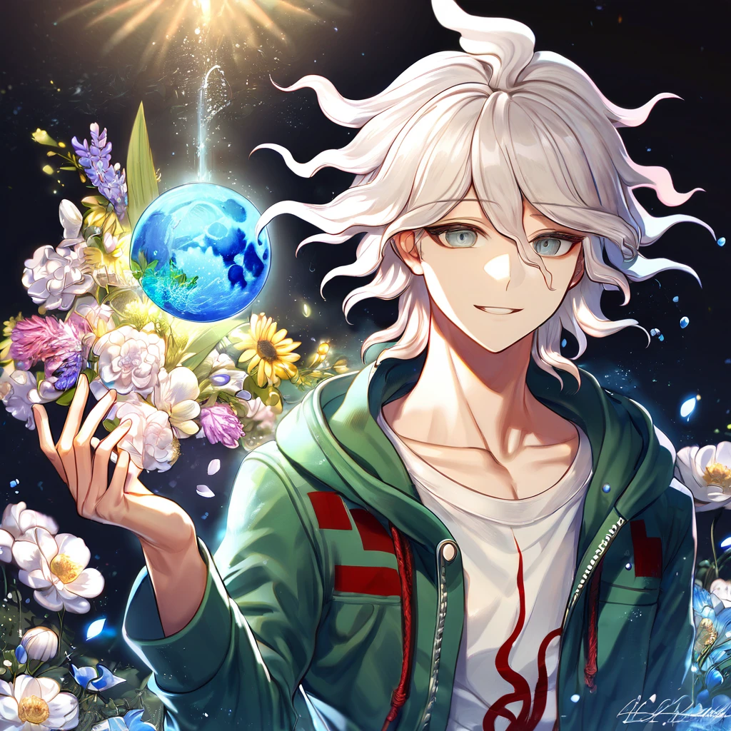 absurdres, highres, ultra detailed, HDR, master piece, Komaeda Nagito, white hair, expressive light green-grey eyes, green coat with a hoodie,white shirt, Danganronpa, sexy man, handsome, best quality, blue moon, flowers, fantasy, magical, solo, water, blue shining fireflies, blue petals, handsome smile,