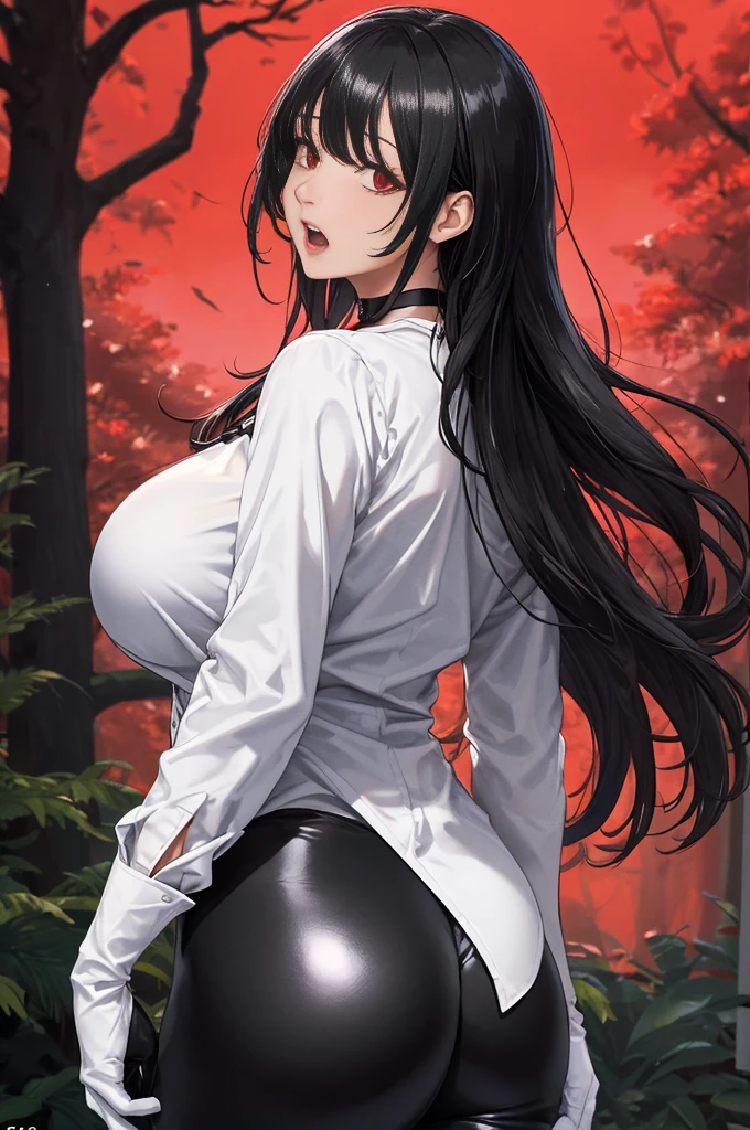 1 woman, choker 1:6, white long sleeve button up shirt, shiny black leggings, black elbow length gloves, Open mouth, surprised facial expression, big breasts, black hair, long hair, Red eyes, view from behind, perfectly curvy ass, forest, low lighting, evening