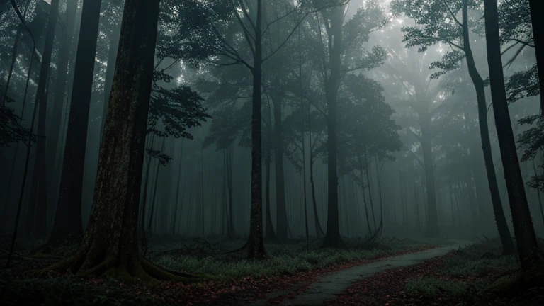a mysterious dark forest with dense foliage, gloomy dark trees, eerie atmosphere, moody lighting, mist, detailed landscape, dramatic shadows, horror, muted colors, cinematic composition, overgrown vines, ancient trees, photorealistic, 8k, cinematic lighting, masterpiece