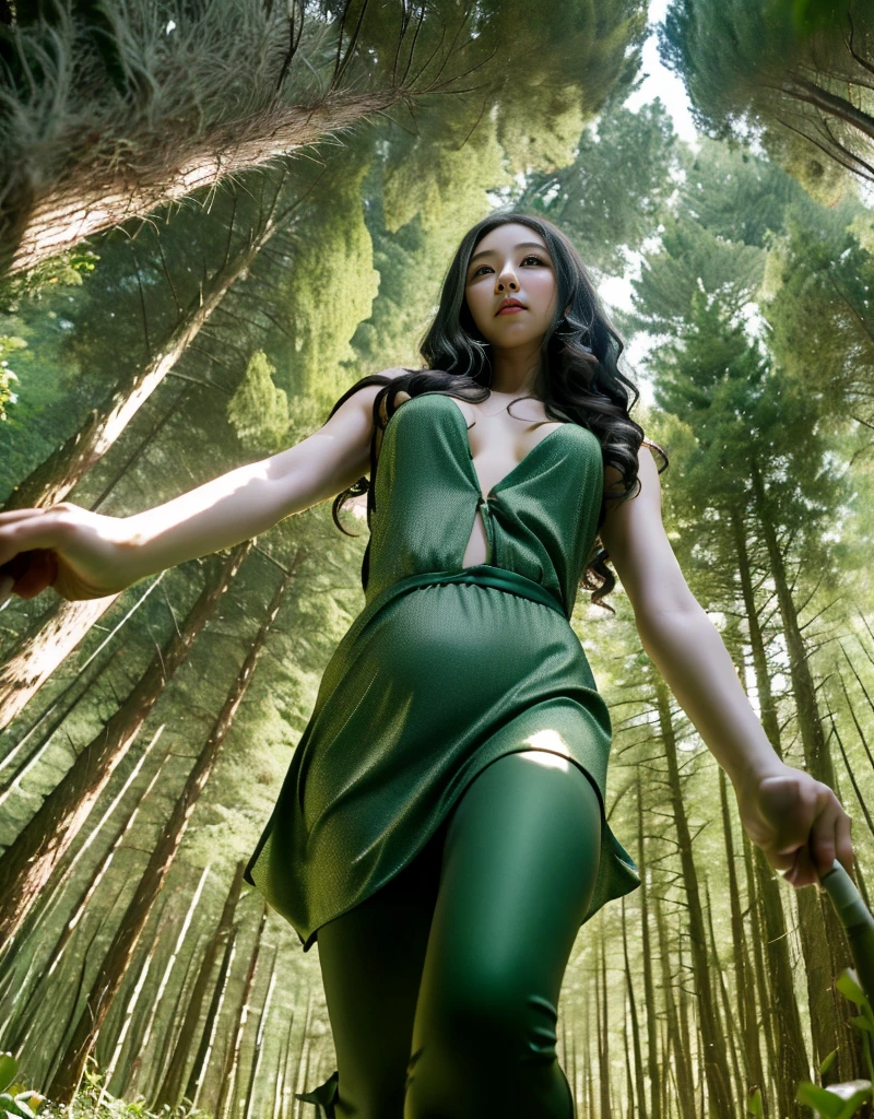 an elf Asian woman with a sexy figure, dress elf, plump chest, slim waist, sexy pose, jumping, action, caecal thighs, carrying an elf arrow, serious face, lurking, under the tree, forest background