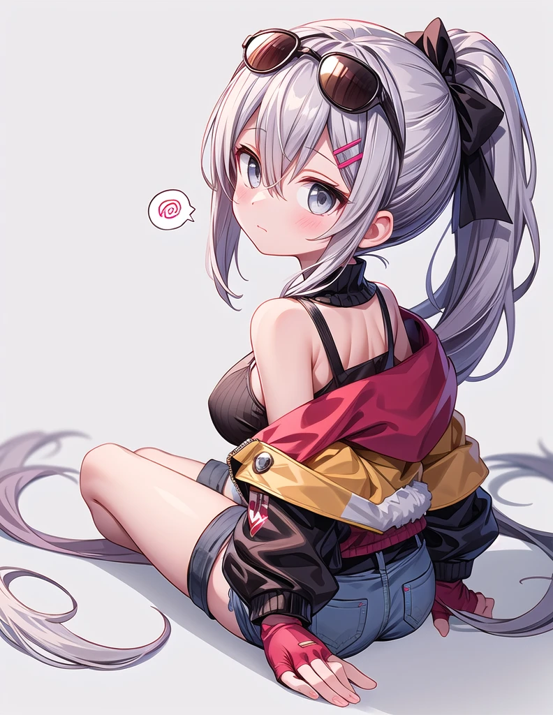 girl, solo, long hair, , looking at viewer, blush, bangs, simple background, hair ornament, gloves, white background, ribbon, hair between eyes,  shoulders, sitting, closed mouth, jacket, full body, ponytail, grey hair, shorts, barefoot, black gloves, hairclip, looking back, fingerless gloves, off shoulder, official alternate costume, grey eyes, fur trim, short shorts, back, sunglasses, eyewear on head, fur-trimmed jacket, squiggle, spoken squiggle