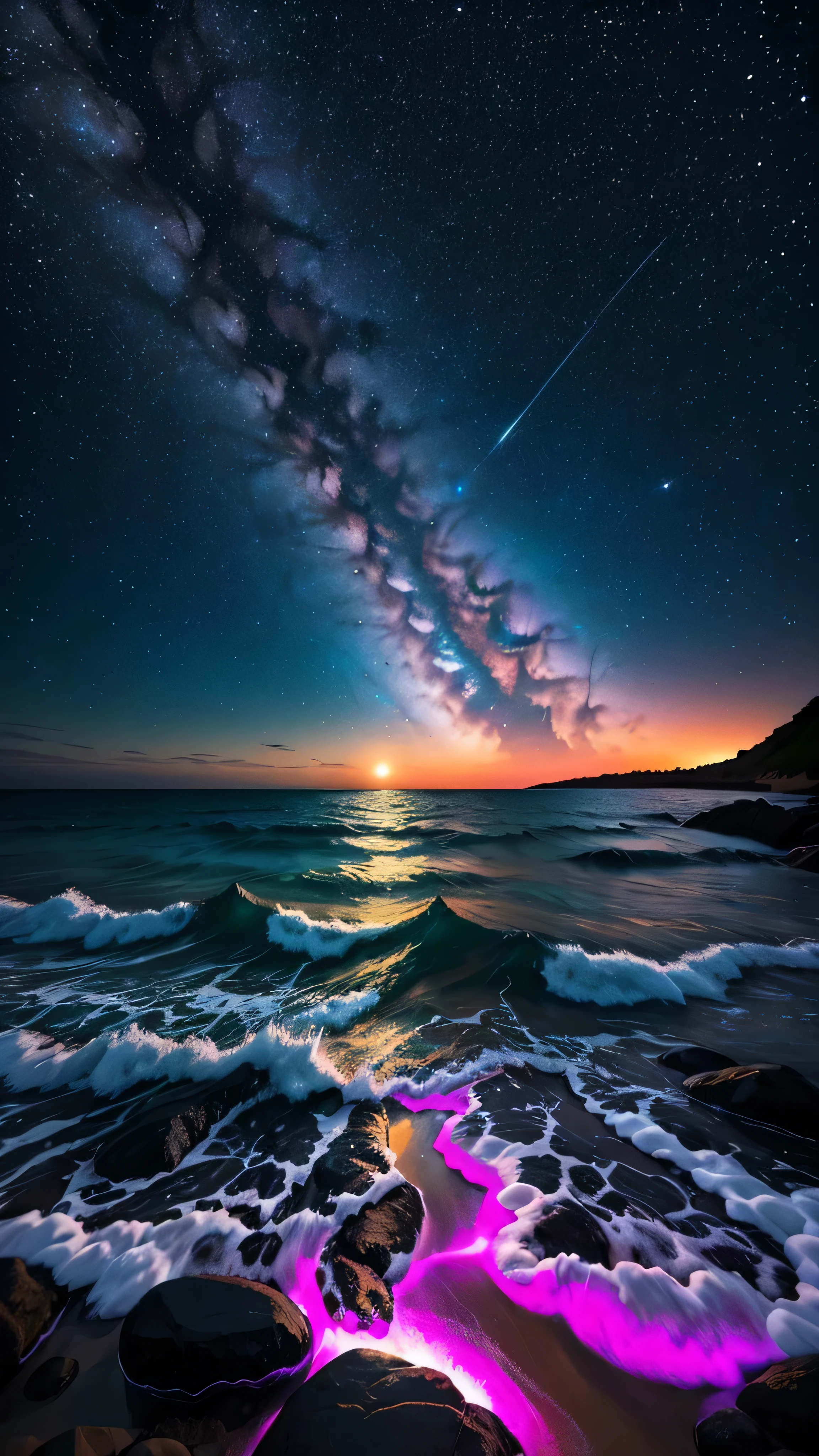 Bioluminescent stars shining in the sky, Pink half moon, Tukoi Sky, Soft cotton cloud, Turkish ocean waves, Shiny, Purple Water, Milky Way, Complementary lighting