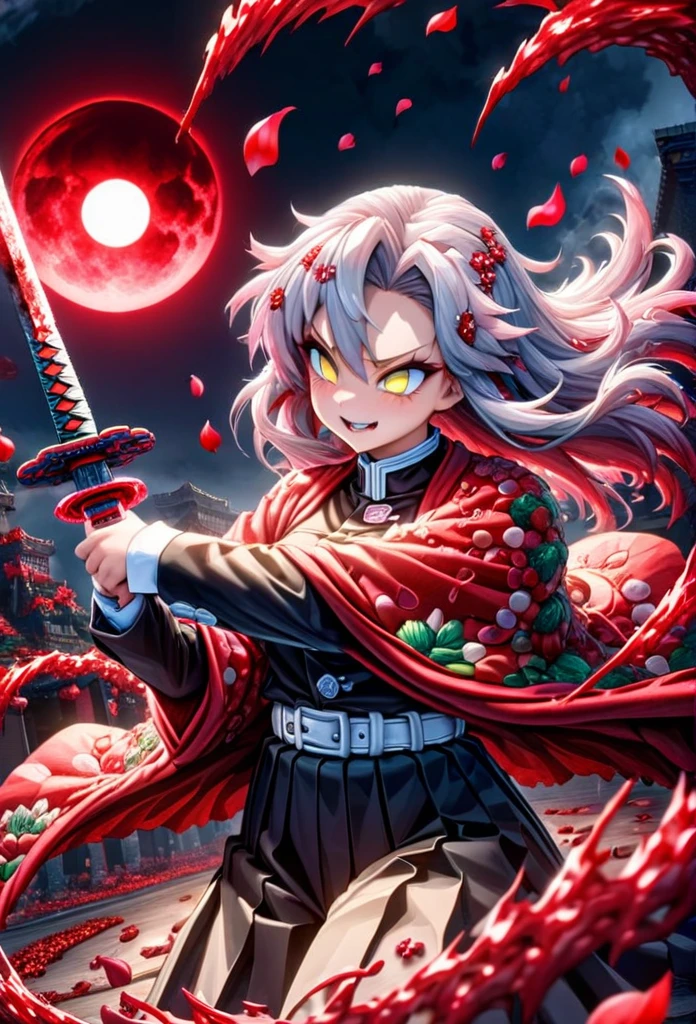 Ultra detailed, highres, absurdres, HDR, master piece, anime girl, pretty woman, white long hair with red streaks, expressive yellow eyes, red haori with patters of blood, black demon slayer uniform, Kimetsu No Yaiba, fantasy, petals, red flowers, pretty, woman grabbing a sword, solo, magic, shining red blood details, eclipse, best quality, extremely detailed face and eyes, blood, grabbing a sword, fighting, smilling, psychopath simile, feral expression, blood power, the girl is adult near 25 years