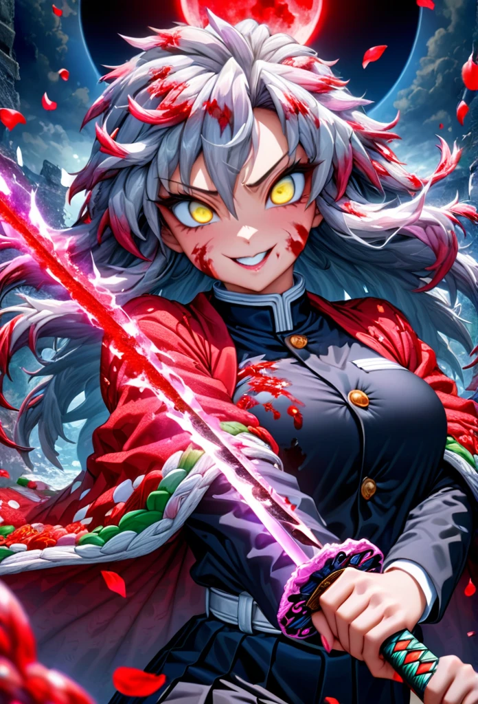 Ultra detailed, highres, absurdres, HDR, master piece, anime girl, pretty woman, white long hair with red streaks, expressive yellow eyes, red haori with patters of blood, black demon slayer uniform, Kimetsu No Yaiba, fantasy, petals, red flowers, pretty, woman grabbing a sword, solo, magic, shining red blood details, eclipse, best quality, extremely detailed face and eyes, blood, grabbing a sword, fighting, smilling, psychopath simile, feral expression, blood power, the girl is adult near 25 years