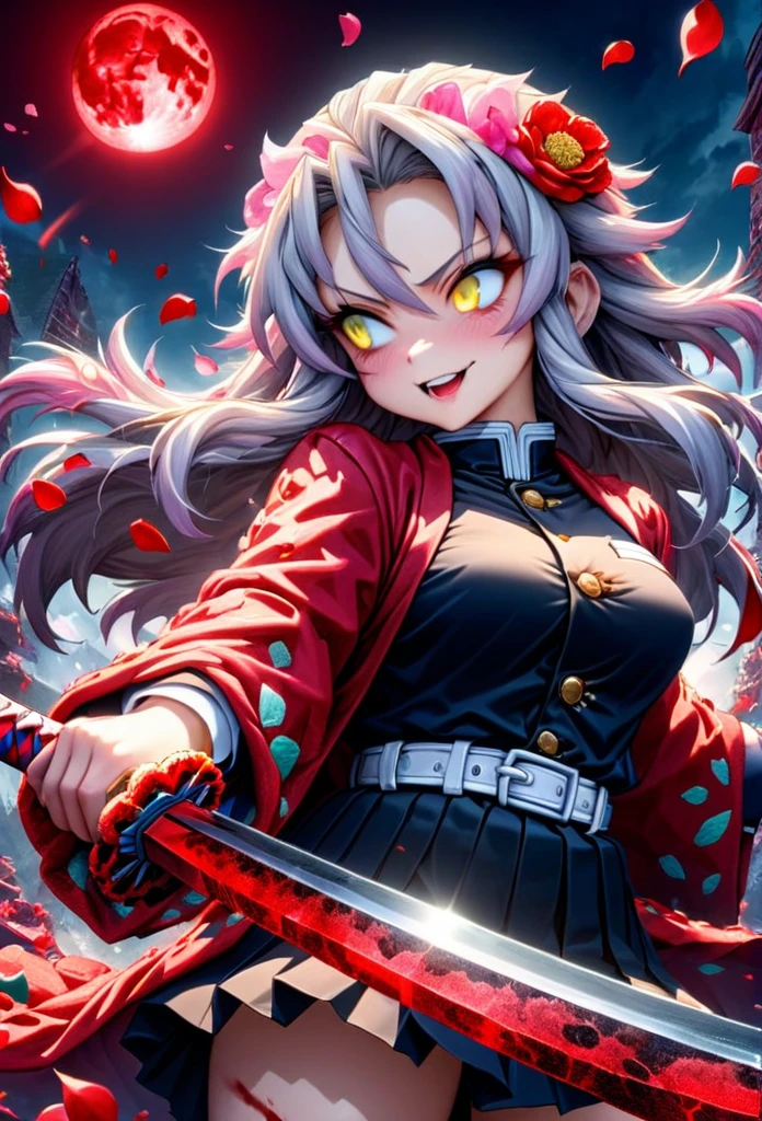 Ultra detailed, highres, absurdres, HDR, master piece, anime girl, pretty woman, white long hair with red streaks, expressive yellow eyes, red haori with patters of blood, black demon slayer uniform, Kimetsu No Yaiba, fantasy, petals, red flowers, pretty, woman grabbing a sword, solo, magic, shining red blood details, eclipse, best quality, extremely detailed face and eyes, blood, grabbing a sword, fighting, smilling, psychopath simile, feral expression, blood power, the girl is adult near 25 years