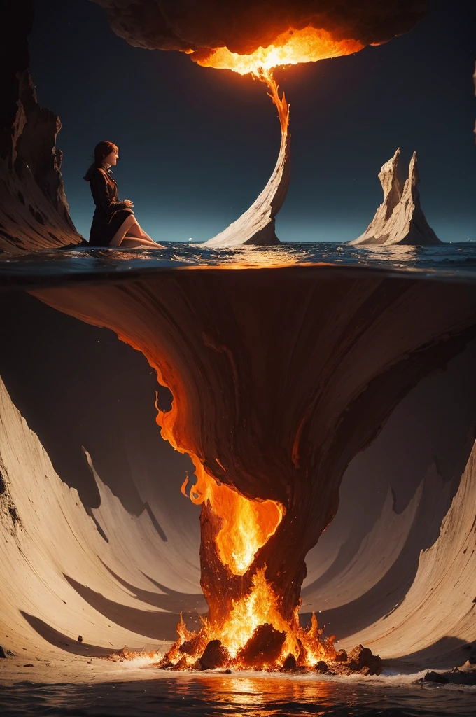 Make surrealist art with the following words:fire,moonligh,persona,water 