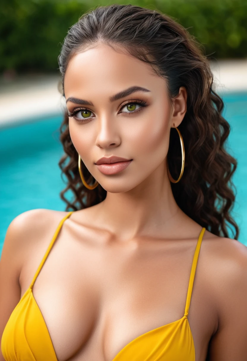 A woman in a yellow bikini posing by the pool. RAW UHD portrait photo, a beautiful woman, beautiful Latin face, Brazilian supermodel, stunning, stunning beauty, Angolan descent, most beautiful woman in the world, jaw-dropping beauty, young adult 30 years old, She has an exotic, native beauty Brazilian, tall woman, a stunning black African woman, with indigenous features, beautiful indigenous girl, ((An indigenous African girl with European ebony)), ((her beauty is undeniable)), beautiful young black woman with dark skin, tanned Mexican. *hair: Curly black hair with brown highlights, Voluminous black hair with brown highlights, vibrant and dynamic cut with soft waves. *eyes: green and expressive eyes, beautiful green eyes, realistic green eyes, detailed green eyes, ultra realistic, symmetrical, hyper realistic, (eyeliner, long eyelashes), intense and penetrating look, seductive, mysterious and charming look, look at magnetism , attraction and fascination. * Eyebrows: Perfect eyebrows that arch gracefully above the eyes and are thick. * the nose is small and proportional to the face and the soft contour of the face that accentuates the high cheekbones. *Mouth: Attractive and irresistible mouth, well-defined lips, full lips, voluminous lips, seductive lips, captivating, striking, unforgettable, mischievous, sexy, your features are captivating, seductive expression, a seductive smile is enigmatic *Face shape: O the face is oval, with high cheekbones and a well-defined chin, a beautiful and detailed face. *Makeup: Makeup is subtle, but highlights natural features. Skin Tone: Olive skin, with healthy and even glow, with olive skin, dark skin, sexy girl with olive skin, detailed skin texture, beautiful and glowing skin, intricate details, smooth skin, healthy and radiant appearance. *body: attractive and slim woman, medium bust, athletic, thin waist, wide hips, big butt, thick thighs, shapely legs. Wear yellow bikini, yellow sexy bikini, yellow bikini bra and yellow bikini