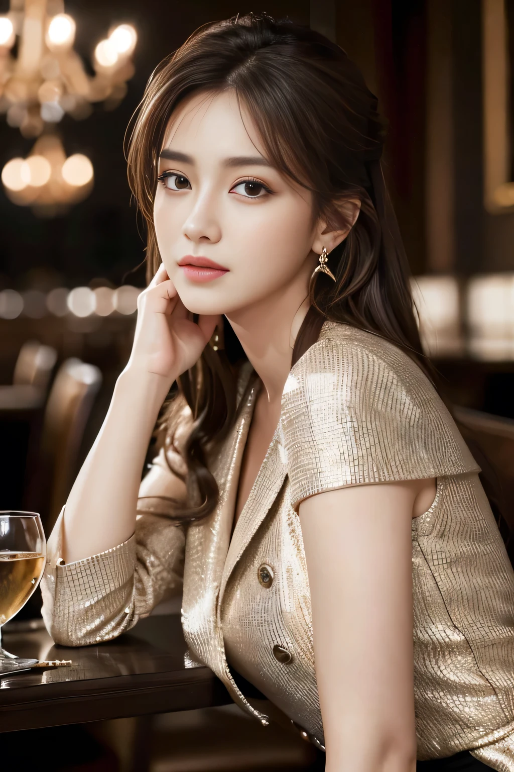 masterpiece, Highest quality, Realistic, Very detailed, Finer details, High resolution, 8k wallpaper, One beautiful woman,Wear a nice suit, In a great restaurant, At night, Light brown messy hair, Perfect dynamic composition, Beautiful and beautiful eyes、Big earrings、Sit on a chair