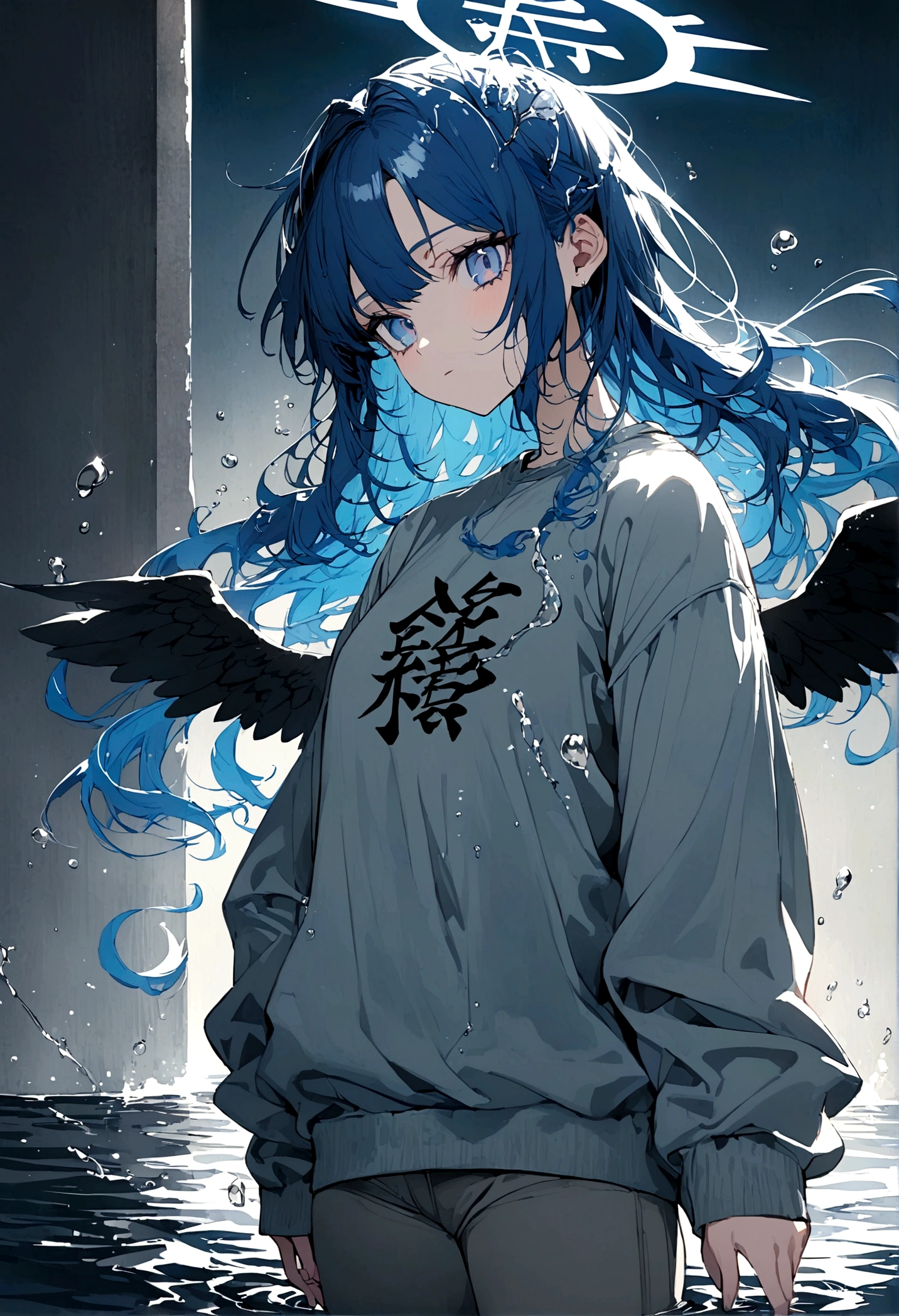 anime girl has blue long hair, drop of water drawn on the pupil, light blue eyes, a sweatshirt with the kanji 水, grey pants, with wings made of water, a blue halo on the head made of water, her name is mizuko