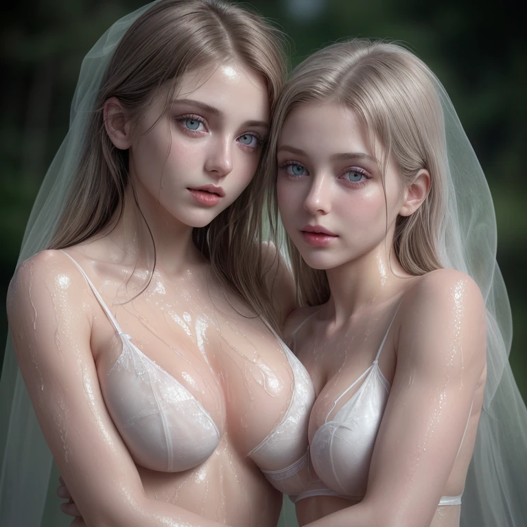 a beautiful girl in a transparent white lingerie, detailed face with beautiful eyes and lips, long eyelashes, detailed skin texture, toned abs, detailed breasts,perfect breasts, soft focus, highly detailed,big breasts, sensual, so much wet,two girls, hug, happy, floresta