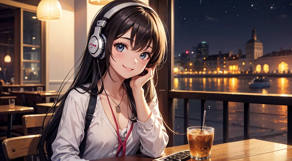 Girl with headphones enjoying music in a cafe I am studying Emphasize a little bit of the chest Looking this way and smiling Night Background