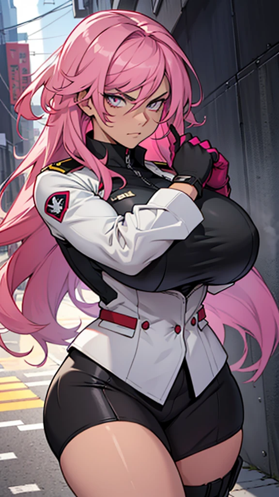 High detailed, 1 girl, solo, split-color hair, gigantic hairstyle, sidebangs, fuchsia colored eyes, busty, strong body, detailed eyes, military's clothes, finger-gloves, serious face