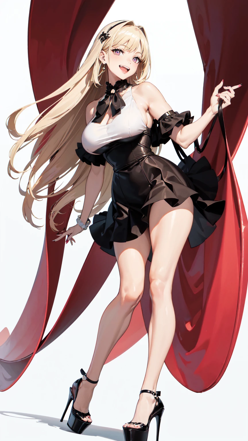 ((masterpiece, high resolution, better quality, better details)), ((Marin Kitagawa)), ((Smiling)), a girl modeling standing, mini skirt, blouse, ((big neckline)), ((platform high heels)), pink eyes with black outline, (light blonde hair, straight hair, straight bangs, long hair)), long nails, pink nails, (((curvy body))), shiny skin, ((side view)), solo, bare shoulders, full body, focus full body, high heels, ((White background)),
