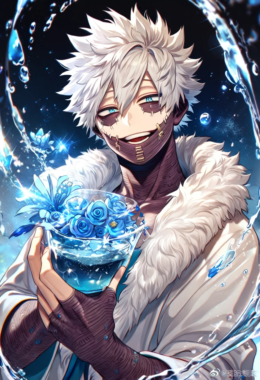 absurdres, highres, ultra detailed, HDR, master piece, best quality, extremely detailed, Dabi, white hair, expressive turquoise eyes, Boku No Hero Academia, solo, sexy man, handsome, smiling, white coat with fur, magical, fantasy, glittering, sparkling, glass, blue flowers, blue petals, water, blue moon