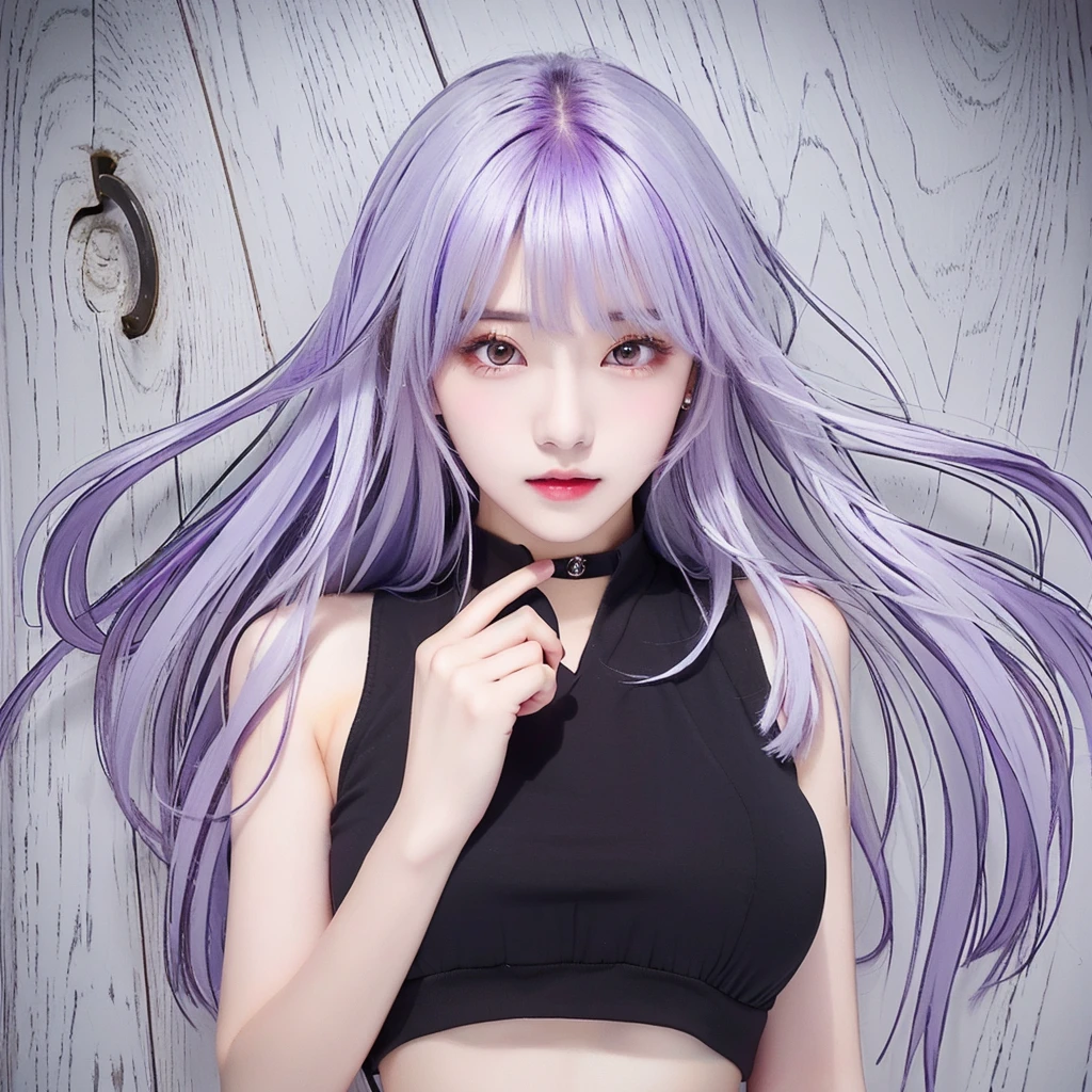 1girl with long hair and black dress standing in front of a door, anime girl wearing a black crop top, (Light purple hair), (Long hair), fair skin, purple eyes