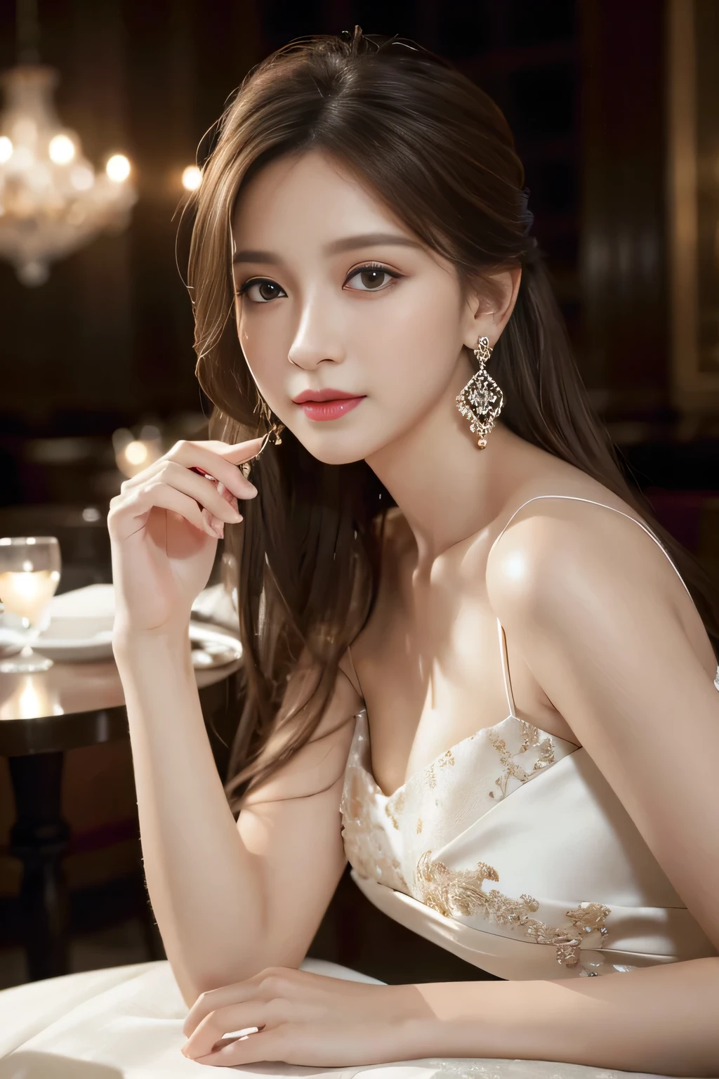 masterpiece, Highest quality, Realistic, Very detailed, Finer details, High resolution, 8k wallpaper, One beautiful woman,wear a beautiful pure white evening dress, In a great restaurant, At night, Light brown messy hair, Perfect dynamic composition, Beautiful and beautiful eyes、Big earrings、Sit on a chair