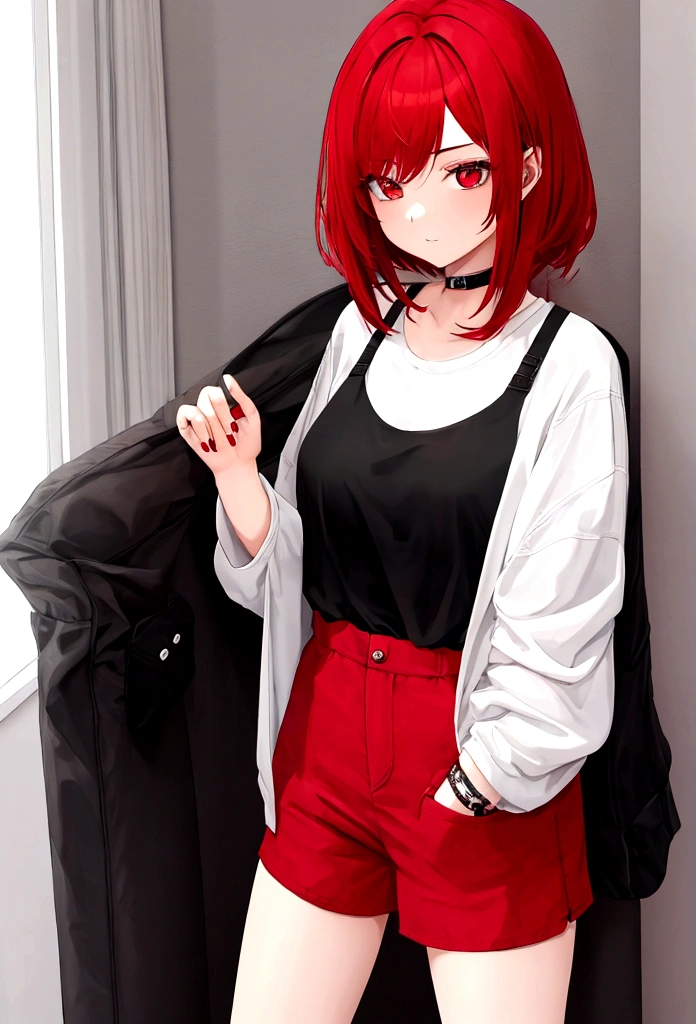 1 girl, Red haired emo, wearing short, casual stay-at-home clothes.
