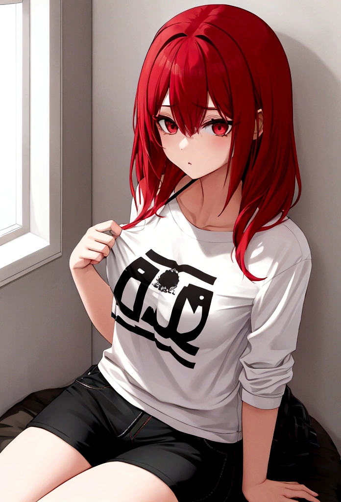 1 girl, Red haired emo, wearing short, casual stay-at-home clothes.