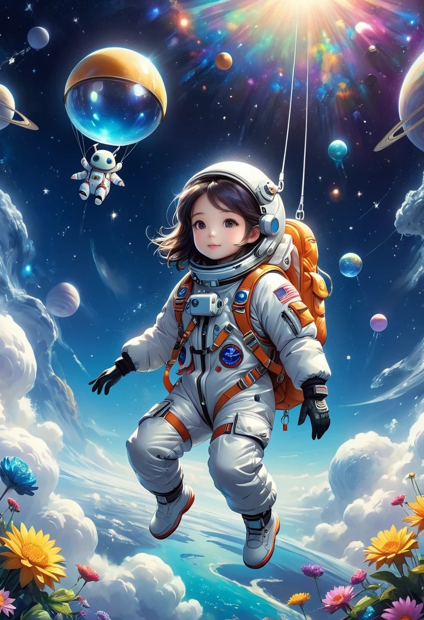 Astronauts arrived in outer space。Professional down jacket。Cute alien creatures。（float。Suspension。weightlessness。）Beautiful dreamy background。