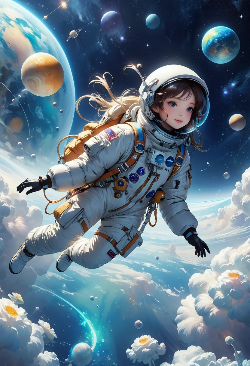 Astronauts arrived in outer space。Professional down jacket。Cute alien creatures。(float。Suspension。weightlessness。)Beautiful dreamy background。