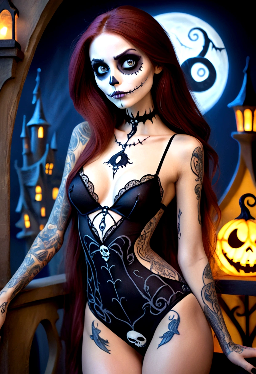 Create a hyper detailed photograph of a nightmare before Christmas tattoos young y stunning gorgeous sally Skellington, Stunningly perfect gorgeous face, perfect makeup, detailed vibrant eyes, long hair,detailed perfect beautiful legs, detailed perfect beautiful arms, realistic torso, detailed silky smooth skin texture, detailed silky smooth perky breerfect round ass, tranrent strappy lace lingerie, back to viewer, looking forward,