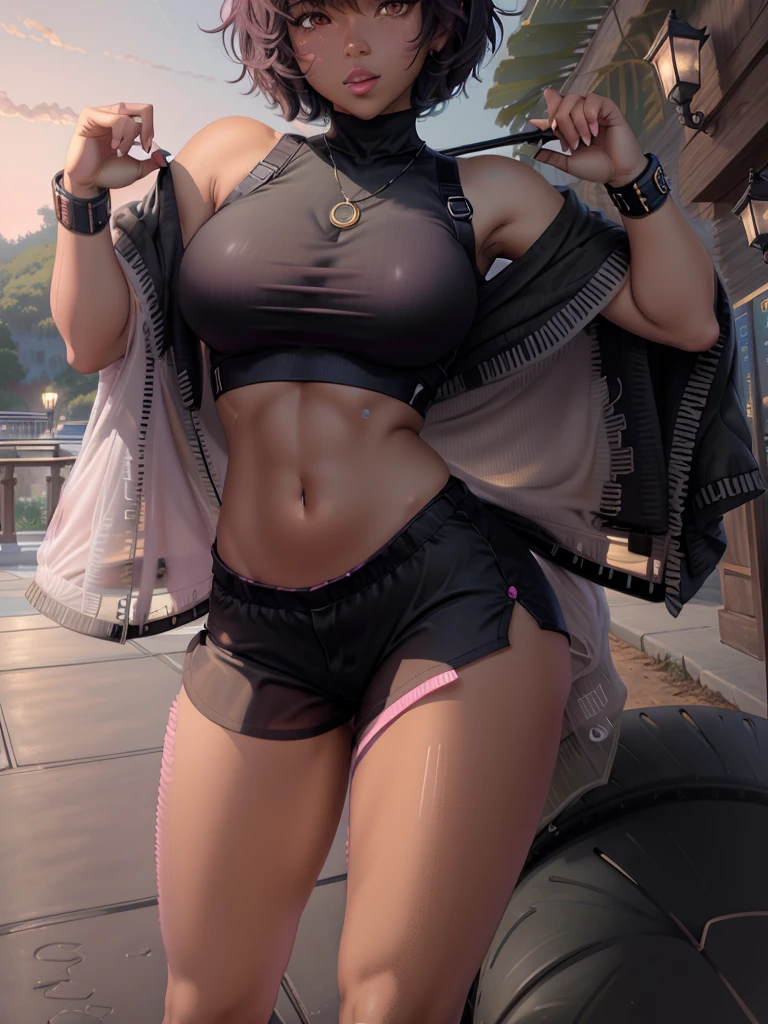 masterpiece, best quality, solo focus, extremely detailed 8k CG unity wallpaper, 1girl with short bob cut hair, glowing eyes, tight legging, crop top, (dark skin:1.5, tomboy), toned, big ass, contrapposto, nighttime, pink eyes, outdoors, landscape,anime waifu sketch,black and white