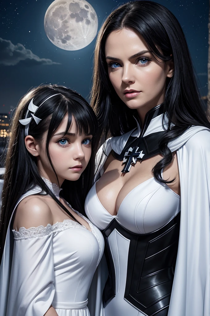 mother and daughter break: mother, super villain, mature woman , black hair , blue eyes, detailed face , sexy, curvys, tall, white woman, dress with cape, desing with christian cross break: daughter, girl, very small breats, ager, 1.3, super villain, loliblack hair , blue eyes, detailed face ,dresing with christian cross , background in snow , moon behind