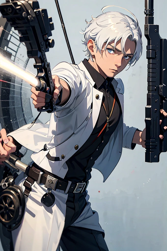 1 man, Shooting Bow and arrow, Uniform, Black eyes, White pupils, White Hair, Magic Powers 