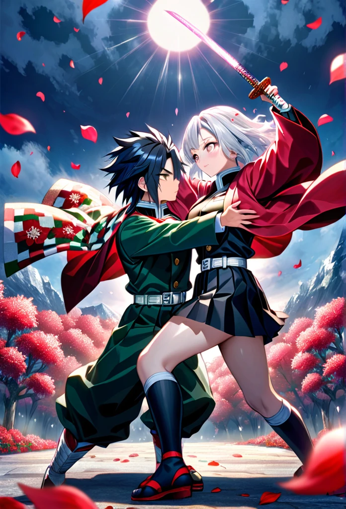 Ultra detailed, high resolution, absurd, HDR, masterpiece, anime girl and boy, beautiful woman with long white hair with deep red streaks, girl with yellow eyes, the girl is wearing a red haori, black demon slayer uniform, Kimetsu No Yaiba, fantasy, petals, red flowers, beautiful, Tomioka Giyu, Water Hashira, Tomioka is training the girl using katanas, Hashira training, magic, sun, daylight, best quality, extremely detailed face, anime, They are training in the demon slayer corps, attack position, Tomioka Giyu is teaching the girl how to fight, full body, they are in front of each other both holding katanas