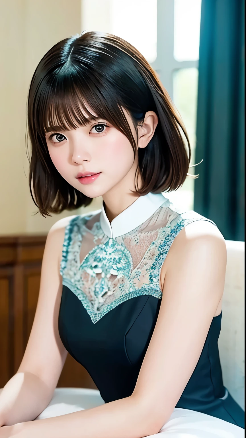  (masterpiece), Realistic, (Portrait of a Girl), Beautiful Face,
sunlight, Cinematic Light, bangs, Beautiful woman, Beautiful Eyes, Short black hair, 
Perfect Anatomy, very cute, Princess Eyes, (Black eyes), (Frame Head), Centered, Stylized, 
Bioluminescence, 8K resolution, A low-cut white dress with small blue details, Human hand, 
Full of surprises, elegant, Approaching perfection, dynamic, Very detailed, Character Sheet , 
Concept Art, soft , Make sure your body is symmetrical and balanced、Look straight at the viewer, 
Very beautiful, short black detailed hairstyle with bangs,