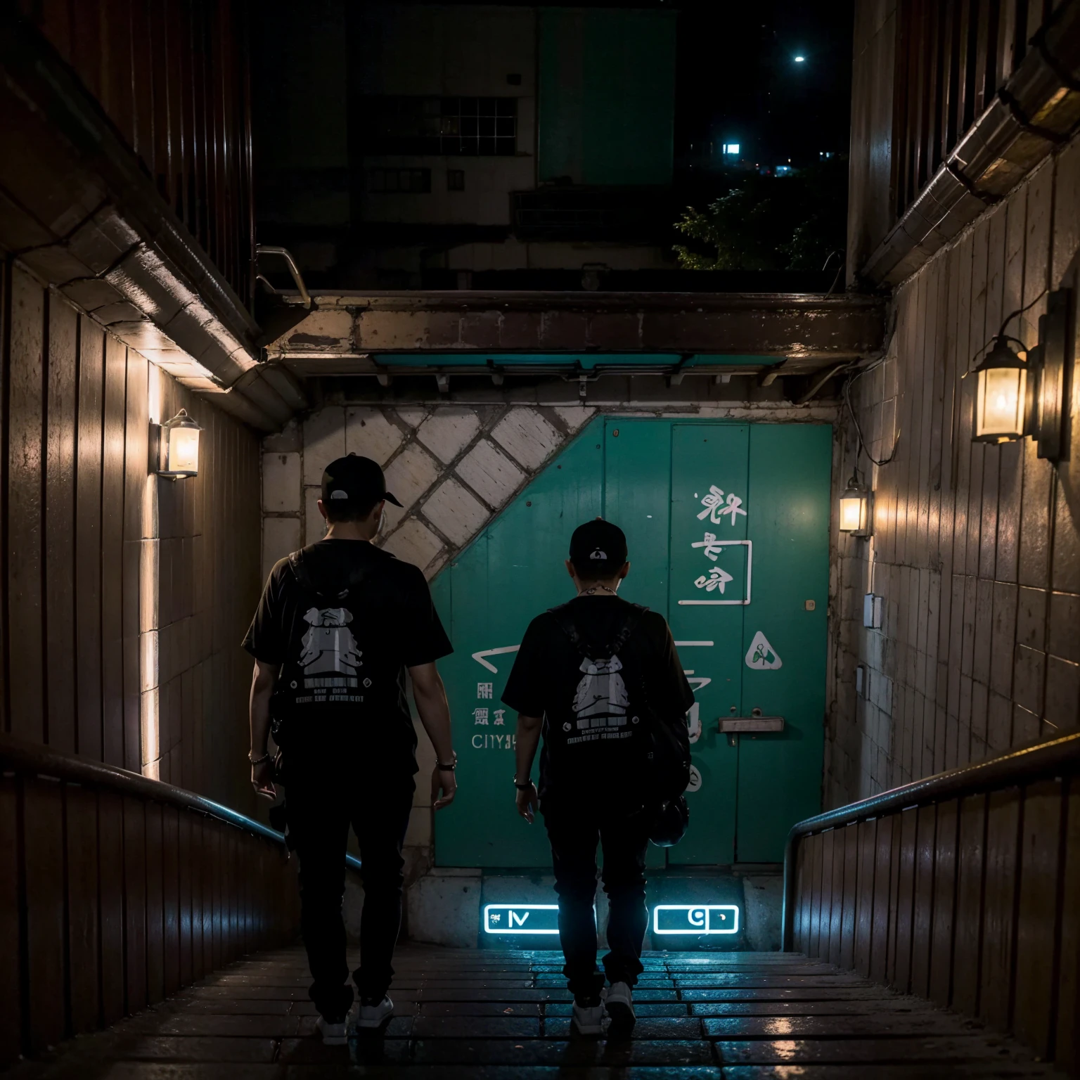 city street, night, neon light, stairs, (taipei downtown scenery), (asian rapper wearing edg90hh_clothing
 silhouette from back, from behind), (city skyline)