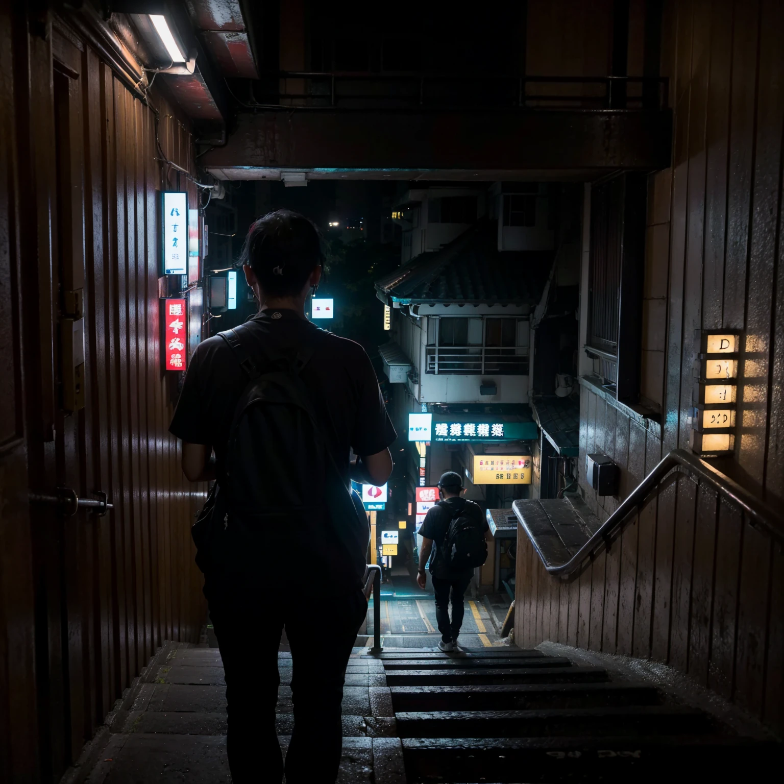 city street, night, neon light, stairs, (taipei downtown scenery), (asian rapper wearing edg90hh_clothing
 silhouette from back, from behind), (city skyline)