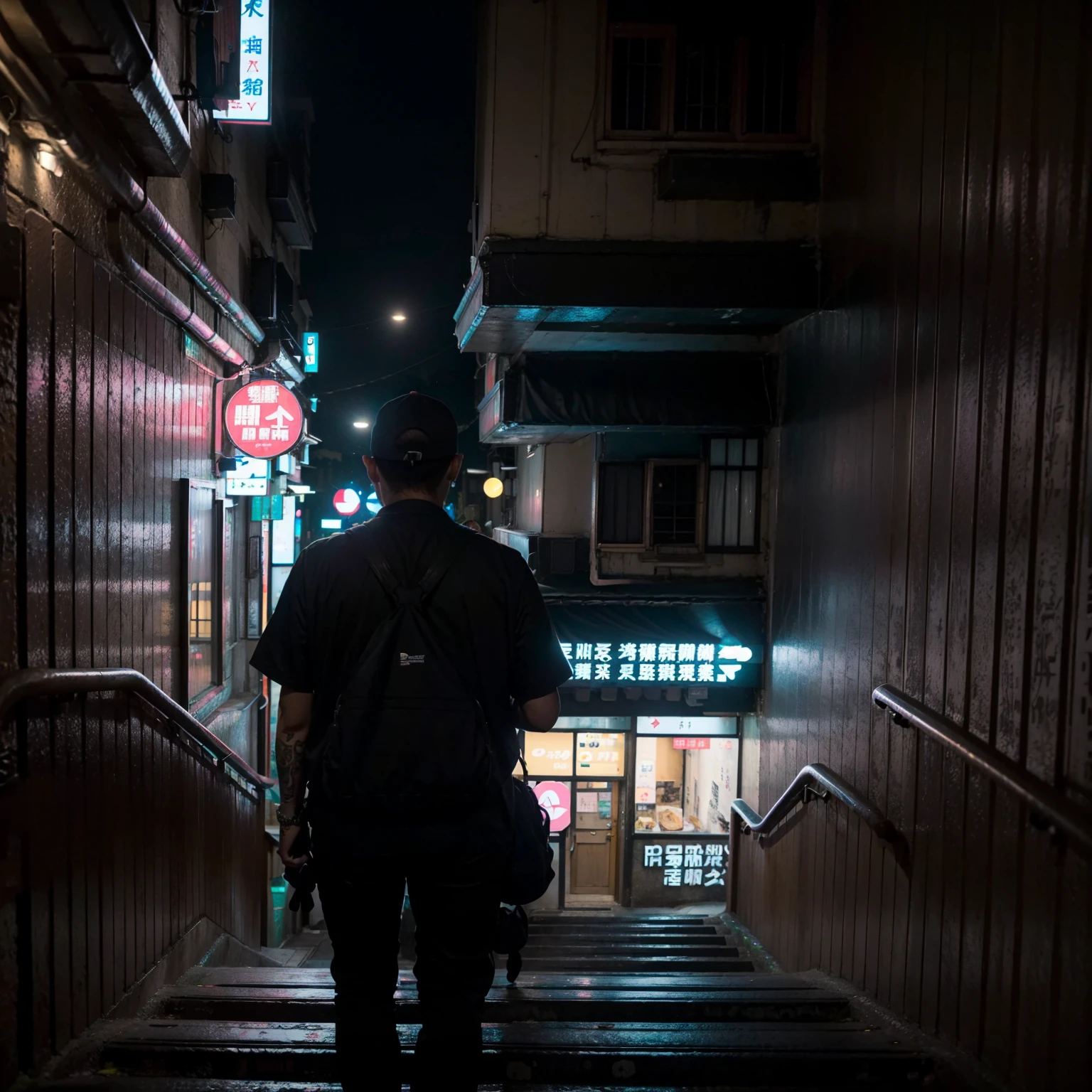 city street, night, neon light, stairs, (taipei downtown scenery), (asian rapper wearing edg90hh_clothing
 silhouette from back, from behind), (city skyline)