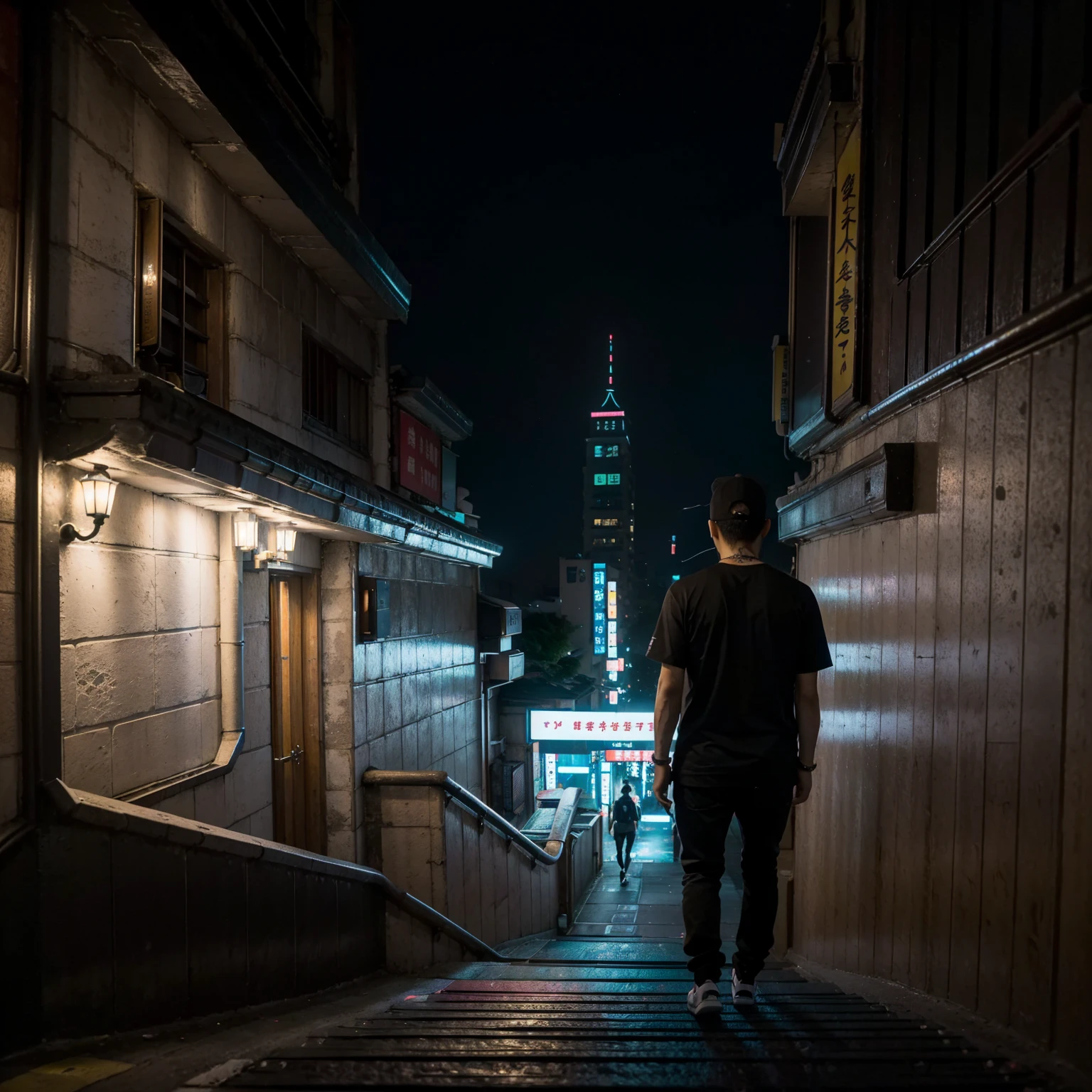 city street, night, neon light, stairs, (taipei downtown scenery), (asian rapper wearing edg90hh_clothing
 silhouette from back, from behind), (city skyline)