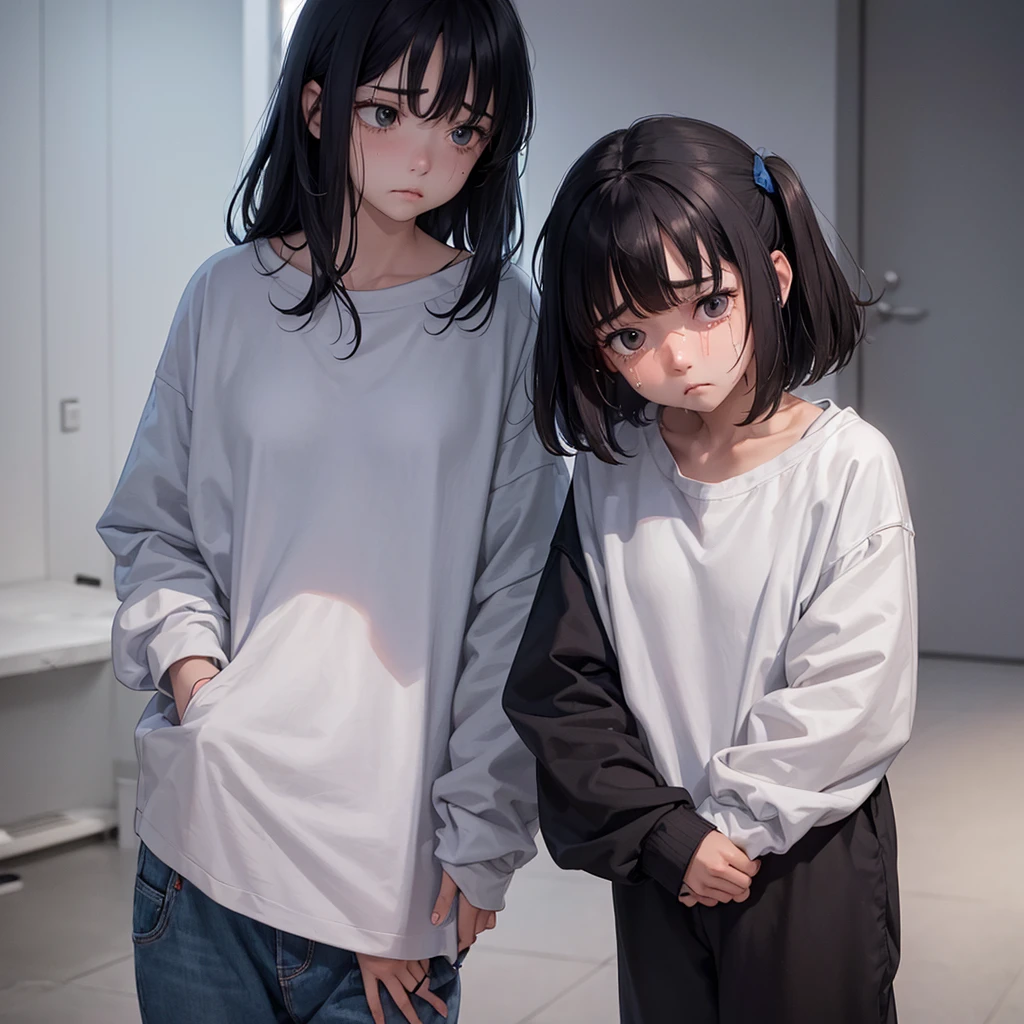 A sad girl with a sad expression, She is wearing baggy and sad clothes, She is always crying and has a droopy and discouraged appearance with clothes and appearance that portray sadness and loneliness.