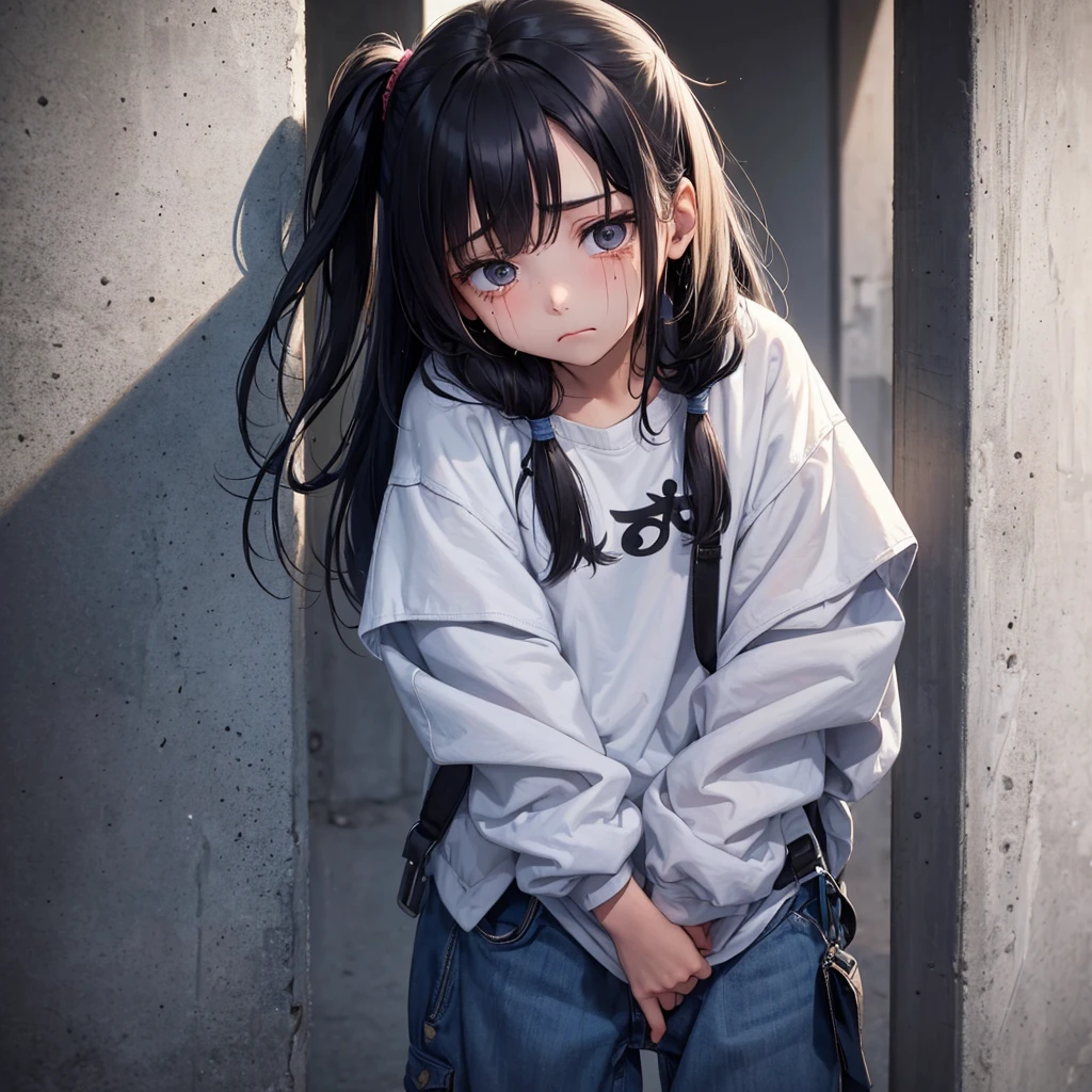A sad girl with a sad expression, She is wearing baggy and sad clothes, She is always crying and has a droopy and discouraged appearance with clothes and appearance that portray sadness and loneliness.