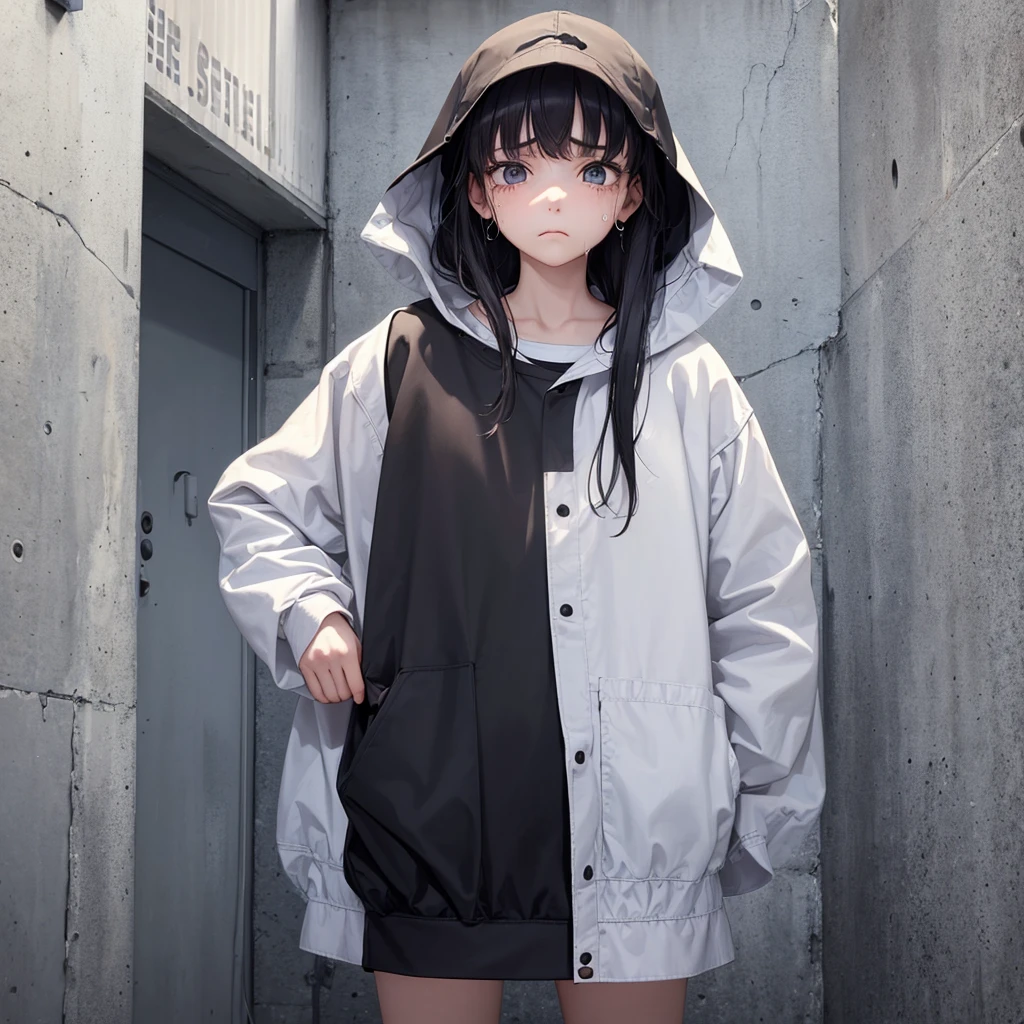 A sad girl with a sad expression, She is wearing baggy and sad clothes, She is always crying and has a droopy and discouraged appearance with clothes and appearance that portray sadness and loneliness.
