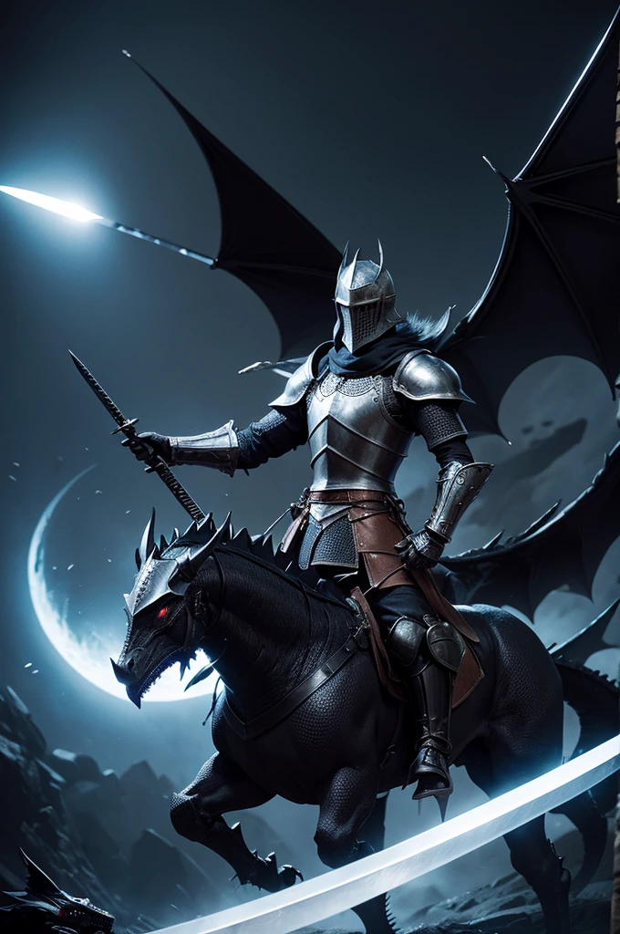 Depict a medieval knight with a sword facing a black dragon in the darkness