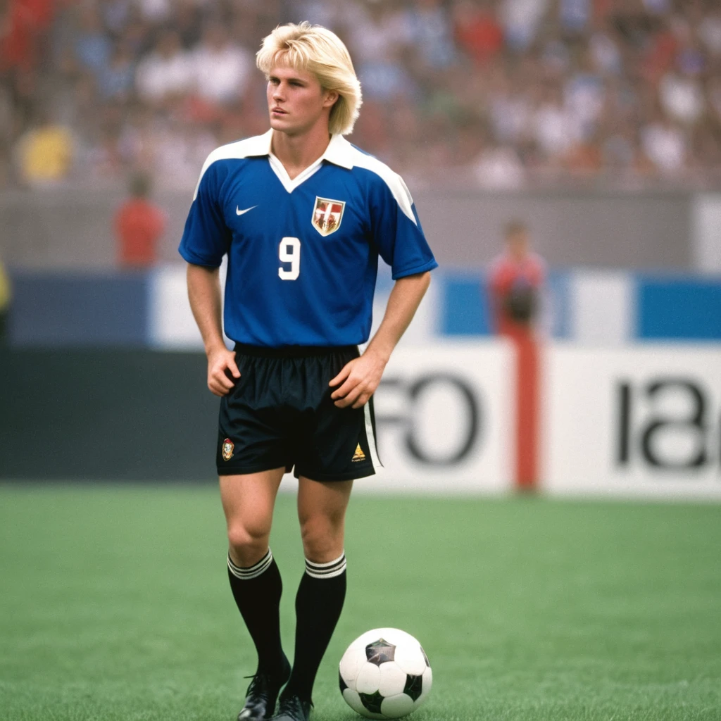 A blond male football player from a national team with the blue uniform and black shorts from the 90s