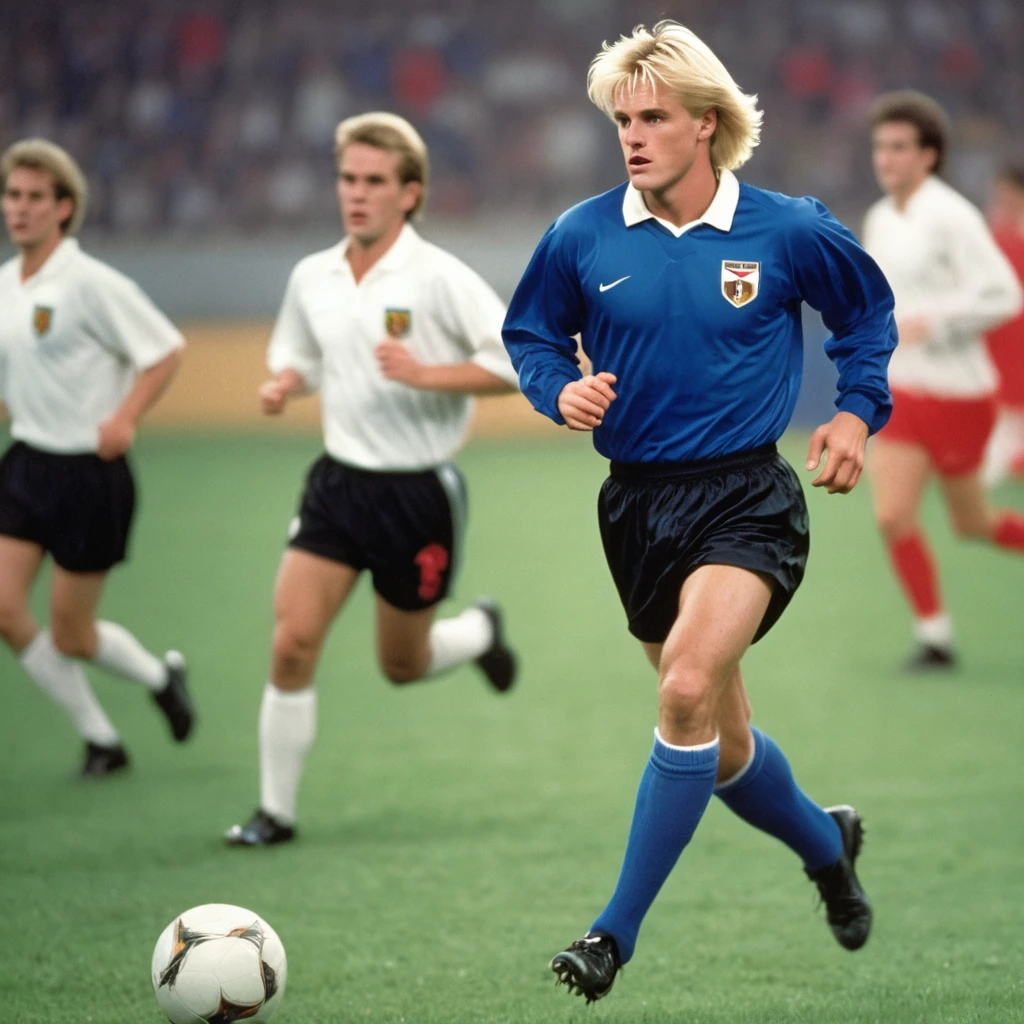 A blond male football player from a national team with the blue uniform and black shorts from the 90s