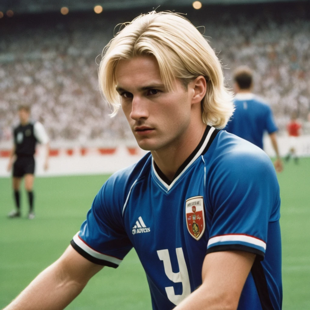 A blond male football player from a national team with the blue uniform and black shorts from the 90s