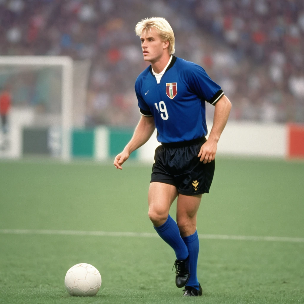 A blond male football player from a national team with the blue uniform and black shorts from the 90s