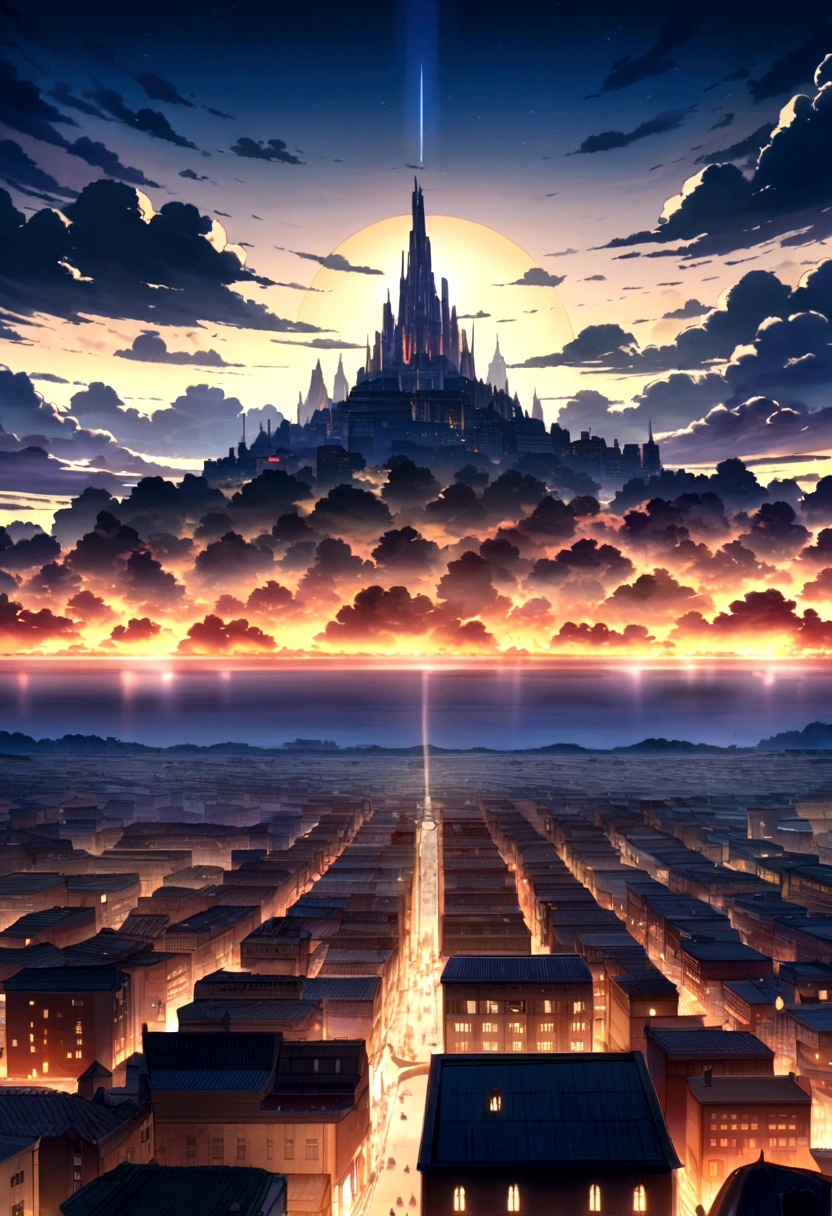 Anime-themed widescreen images. The upper part depicts the magical city during the day., Clean buildings, Under a sky full of clouds and no sun. The same city is visible in the center, However, during the fierce attack, the building was on fire.. The bottom part captures the tranquil beauty of the city at night., Bathed in the moonlight.