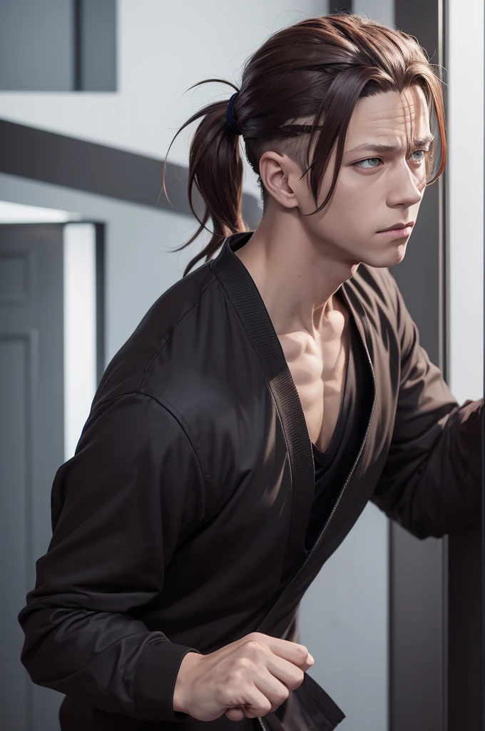 Jujutsu Kaisen painel for a boy, with brown hair, hazel eyes, fair skin and long hair tied in a ponytail. Jujutsu Kaisen Anime Dash 2d Anime Boy