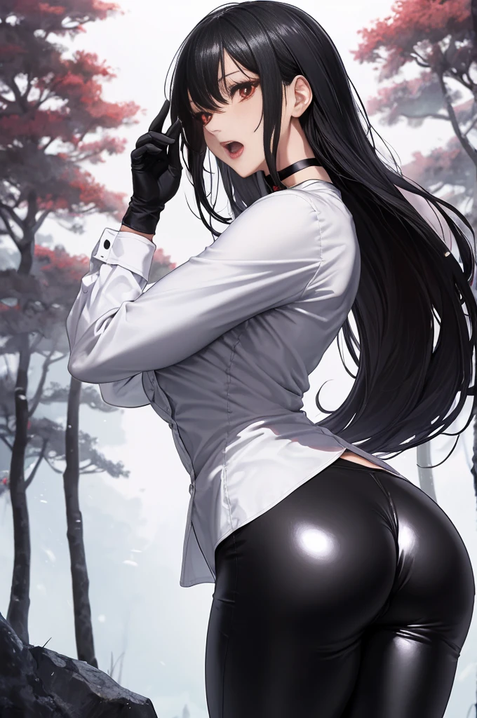 1 woman, DIFFERENT POSES, choker 1:6, white long sleeve button up shirt, shiny black leggings, black elbow length gloves, Open mouth, surprised facial expression, big breasts, black hair, long hair, Red eyes, view from behind, perfectly curvy ass, forest, low lighting, evening